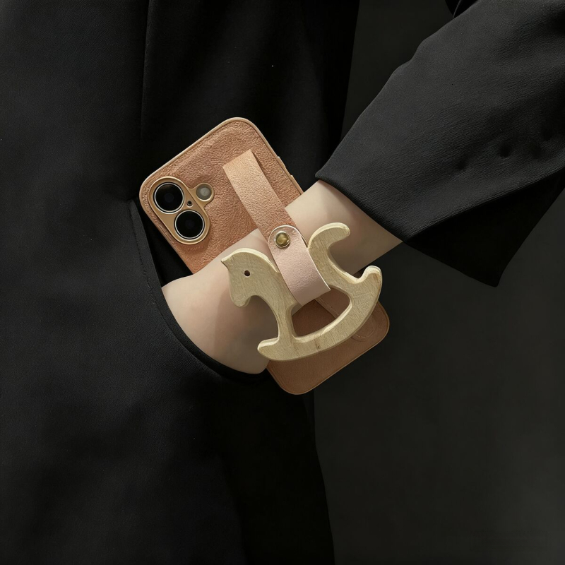 for iPhone 17 Pro Max Case with Wrist Strap Pink Moon Crater Pattern Wooden Horse Design with Adjustable Wristband Kickstand Shockproof TPU Protection