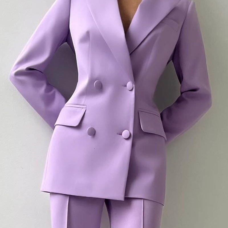 Purple Suits Set for Women 2 Piece Double Breasted Jacket with Wide leg Pants Business Formal Pantsuits Classic Style 250922
