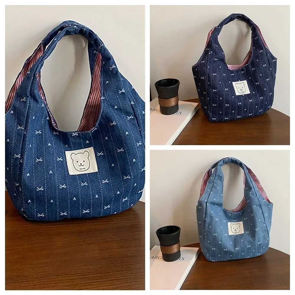 Fashion Korean Style Denim Bucket Bag Sweet Bowknot Denim Bow Handbag Commuting Leisure Cute Wrist Bag StreetwearT251007