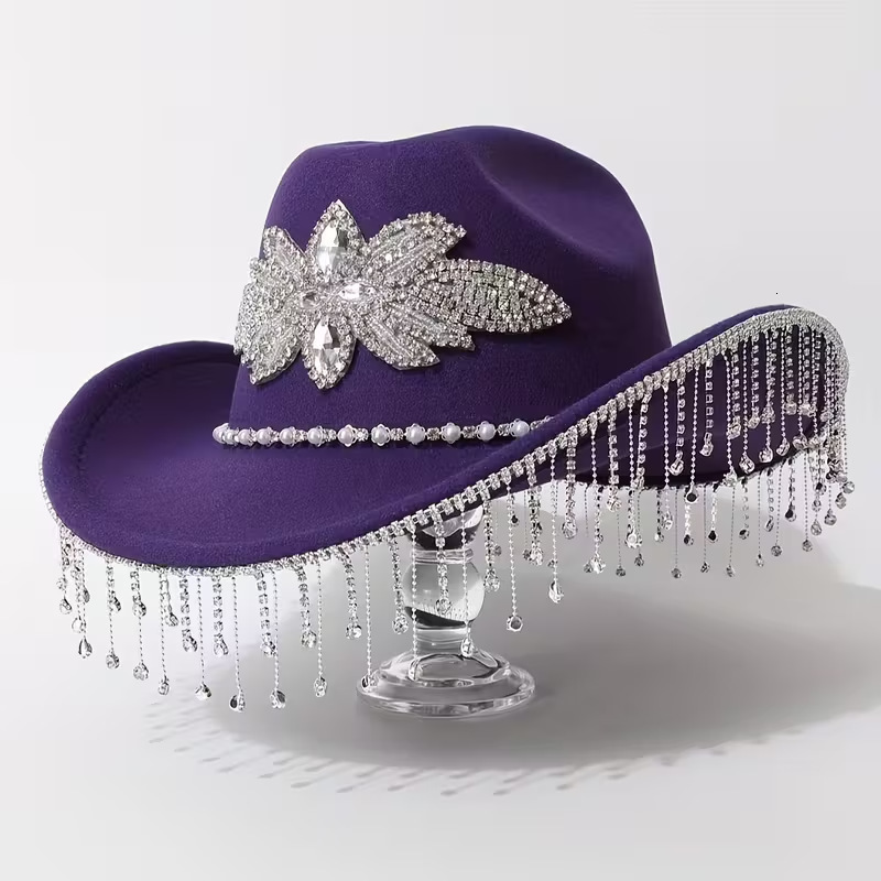 Rhinestone Tassel Wool Western Cowboy Hat Large Head Circumference Hat Autumn Winter Women Elegant Jazz Fedora Wide Brim 250326