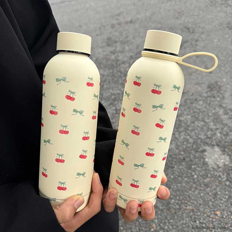 Kawaii Cherry Thermos Bottle With Handle Coffee Cup 500ml Stainless Steel Tumbler Cute Travel Gym Scool Water Bottle For Girl C251008