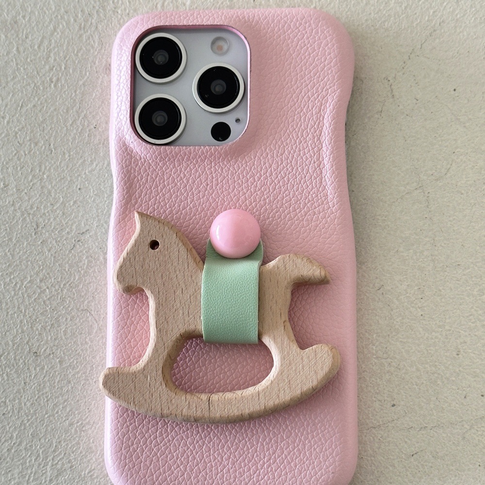 Work for iPhone 16 Pro Max Cover Protective Anti Slip Dopamine Cortex Wooden Horse Stand Phone Case Grip Cute Design Leather Touch Shockproof Case for