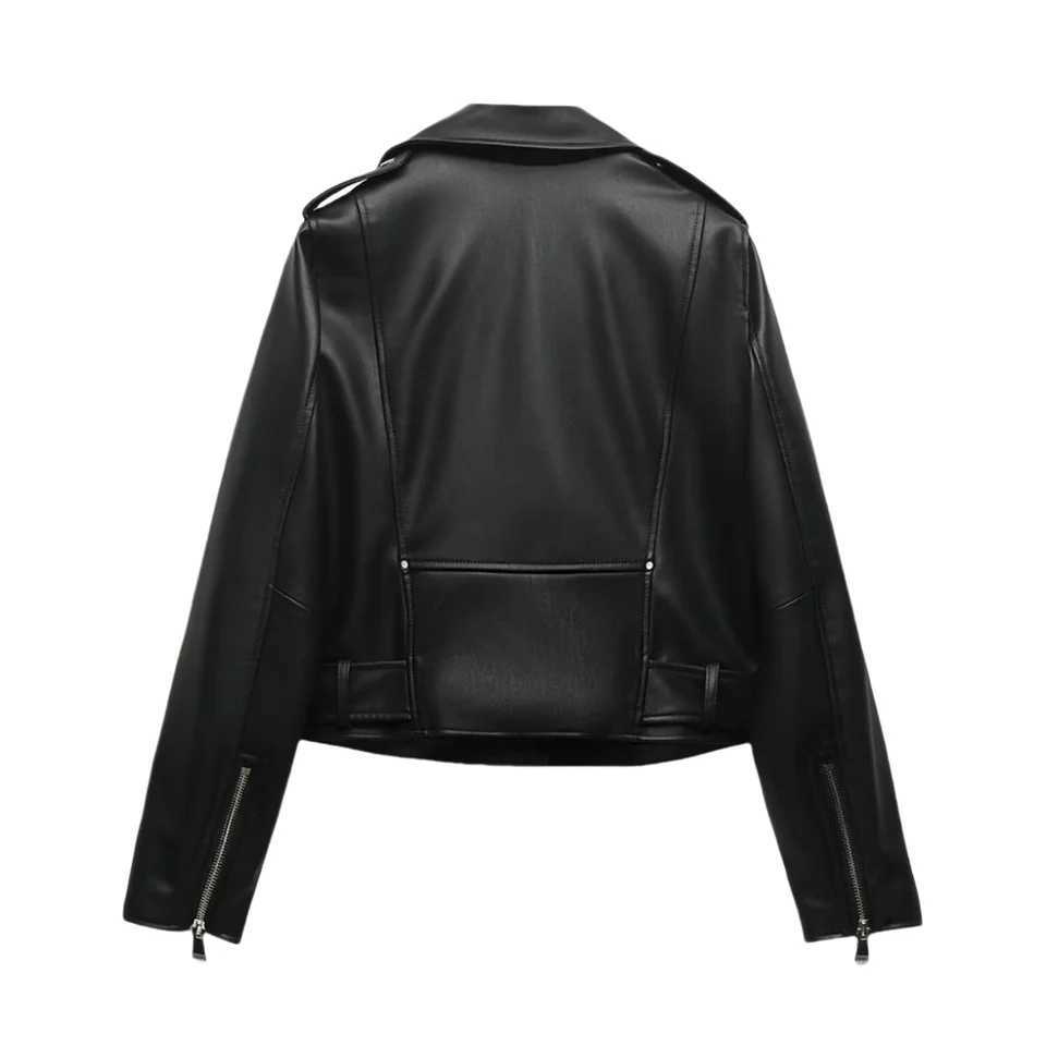Classic Black Imitation Leather Motorcycle Jacket Short Leather Jacket for Women J251008