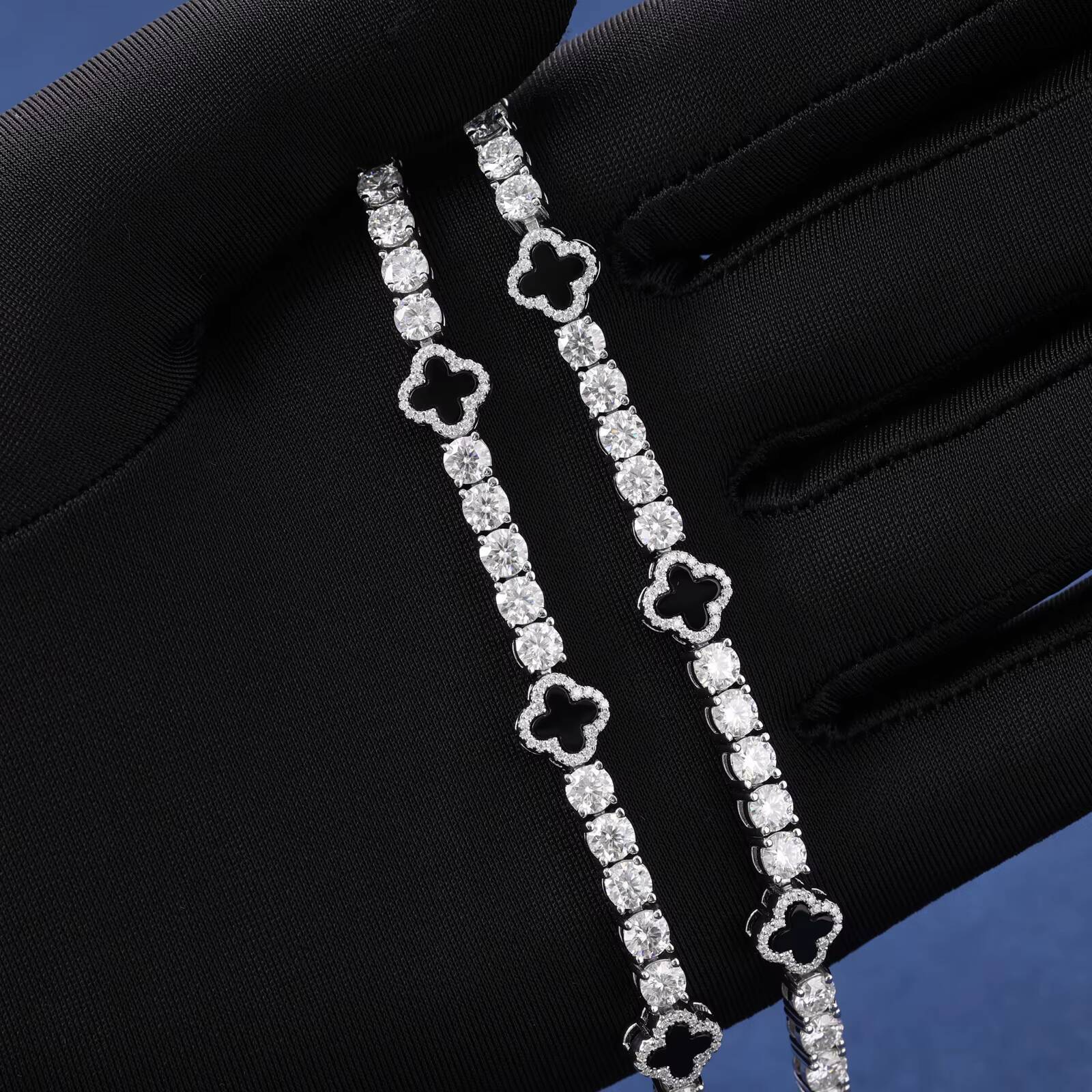 Hot Selling Design Black Clover Tennis Chain Luxury VVS D Moissanite 925 Sterling Silver Tennis Bracelet 4mm Hip Hop Jewelry
