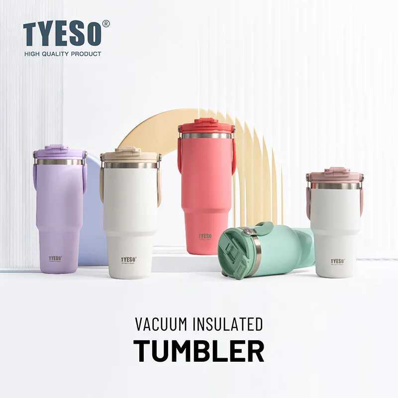 Tyeso LargeCapacity Vacuum Flasks Handle Vacuum Cup DualDrink Coffee Mug Stainless Steel Ice Cup Car Bottle Hot Cold Retention C251008
