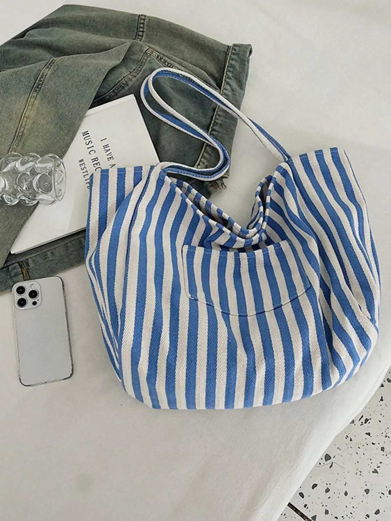 retro chic striped canvas tote bag korean fashion casual spacious shoulder bag for women suitable for travel and vacationT251007