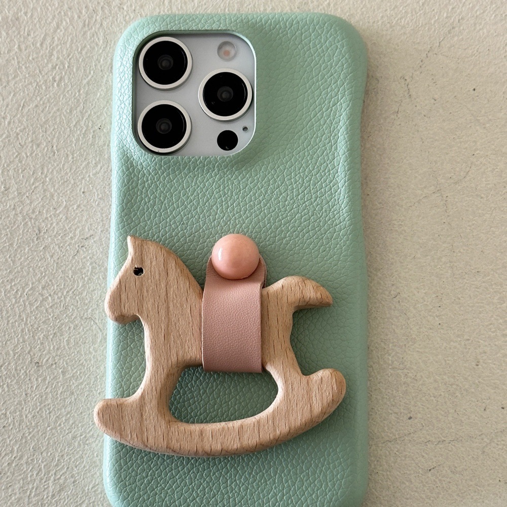 Work for iPhone 16 Pro Max Cover Protective Anti Slip Dopamine Cortex Wooden Horse Stand Phone Case Grip Cute Design Leather Touch Shockproof Case for
