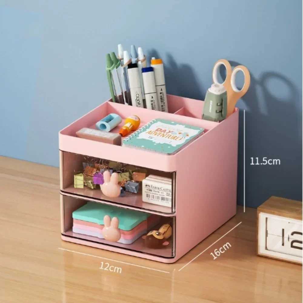 1PC 2layer Cartoon Creative Pen Holder Transparent Drawer Rabbit Storage Box Childrens Girls Student Office Desktop Organizer C251008