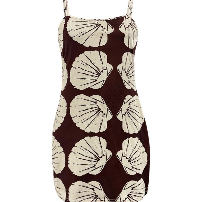 Women's Plus Size Shell Print Milk Silk Slip Dress Dark Brown Beach Vacation Dress-YL25327