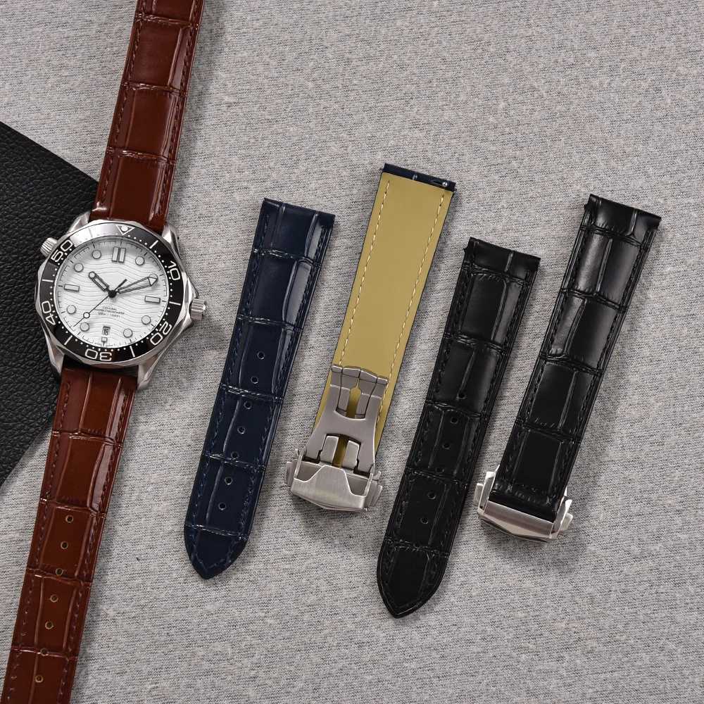 19mm 20mm 21mm 22mm High Quality Genuine Leather Watch Strap For Omega 007 Seamaster 300 Business Clasp AccessoriesXJ251009