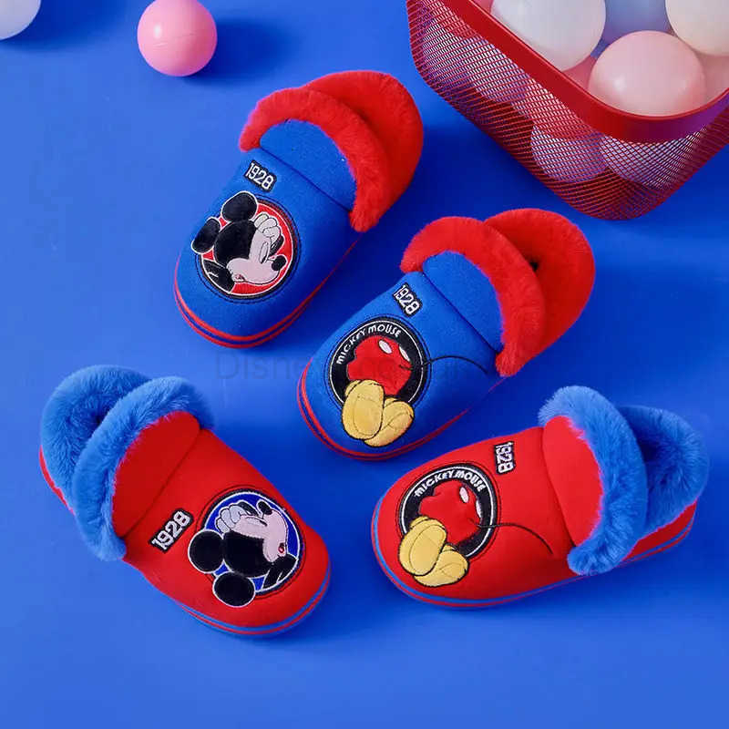 Disney Home Shoes Slipper For Childrens Mickey Mouse Winter Warm Cotton Red Blue Nonslip Indoor Shoes For Kids Size 1518cm H251008