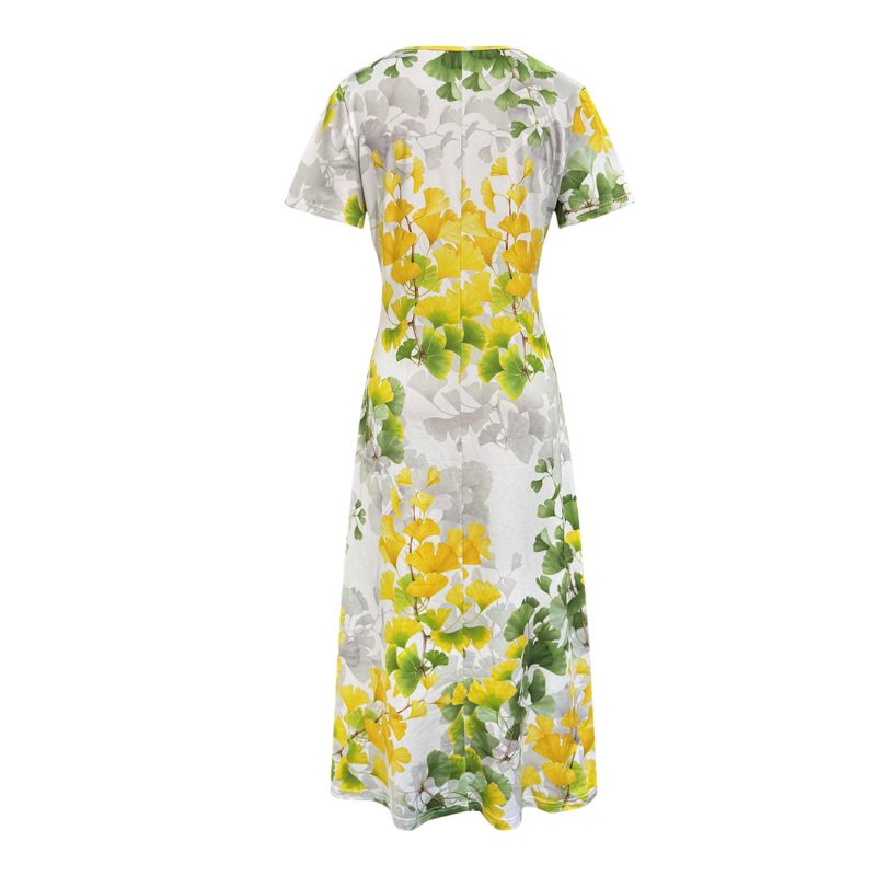 Women's Ginkgo Leaf Print V-Neck Short Sleeve Dress Milk Silk Midi Dress Mother Vacation Style Apricot Color-CF52715