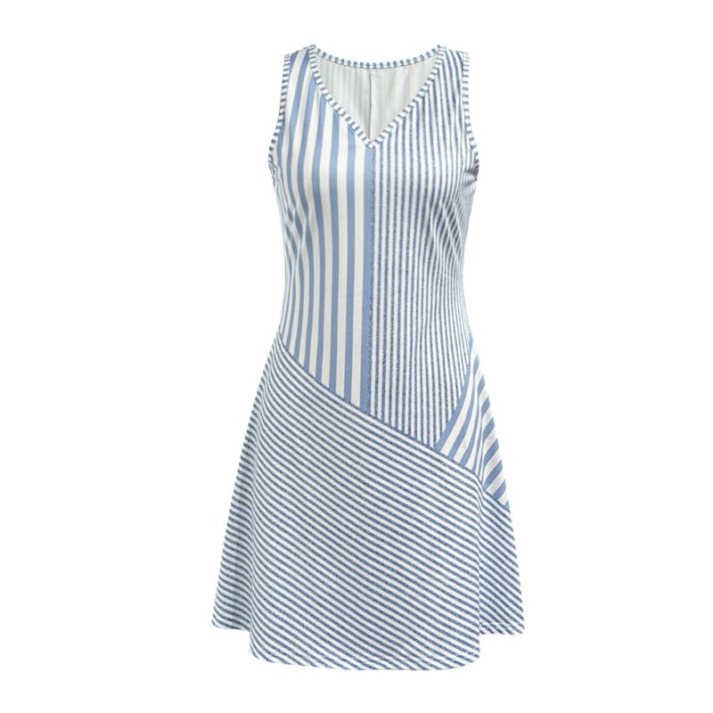 Women's Sleeveless Dress French Elegant Blue White Stripe Milk Silk A-Line V-Neck Summer Casual Tennis Dress Light Blue-CF51002