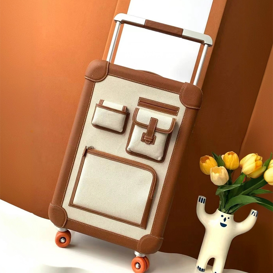 Luxury Suitcase Designer Luggage Genuine Leather Suitcase Carry on Box Trolley Case Travel Bag Unisex Boarding Case Password Box Cabin with Pocket 21 inches