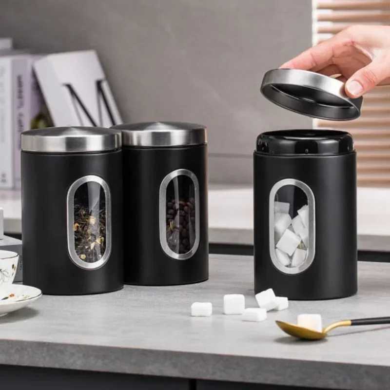 13Pcs Coffee Canister Stainless Steel Food Storage Jars with Visual Window Kitchen Storage Coffee Bean Tealeaf Sealed Cans C251008