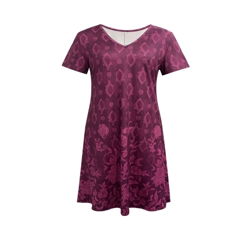 Women's Plus Size V-Neck Short Sleeve Dress Purple All-Over Print Milk Silk Loose Maxi Dress 1XL-5XL-YL25369
