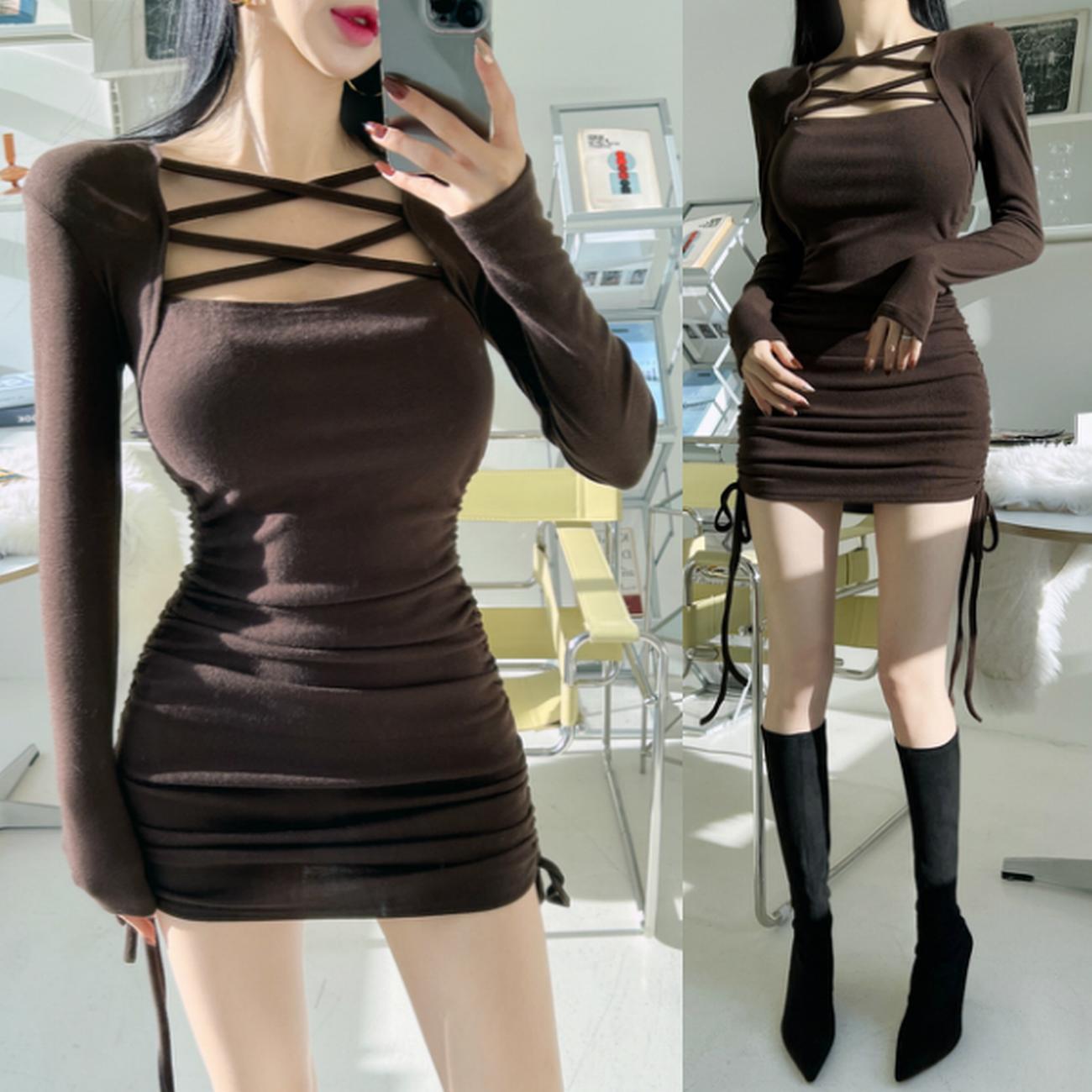 GC113 Autumn/Winter/Spring New Arrival French Slim Fit Square Neck Cross-Strap Dress