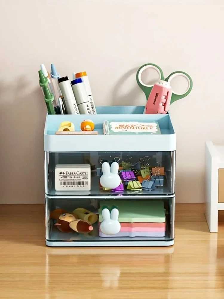 1PC 2layer Cartoon Creative Pen Holder Transparent Drawer Rabbit Storage Box Childrens Girls Student Office Desktop Organizer C251008