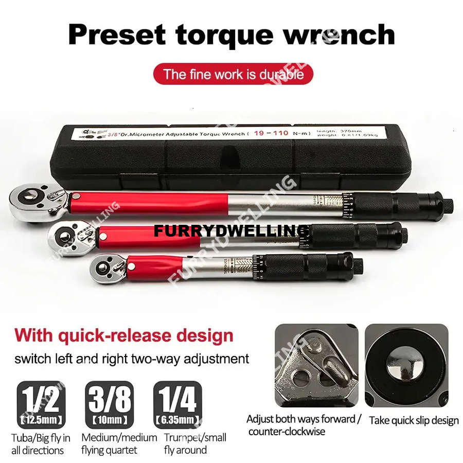 5-210N.M Torque Wrench 1/2'' 3/8'' 1/4'' Dwe74 Drive Click Preset Bicycle Torques Key Two-Way Ratchet Car Bike Automotive Hand Tools