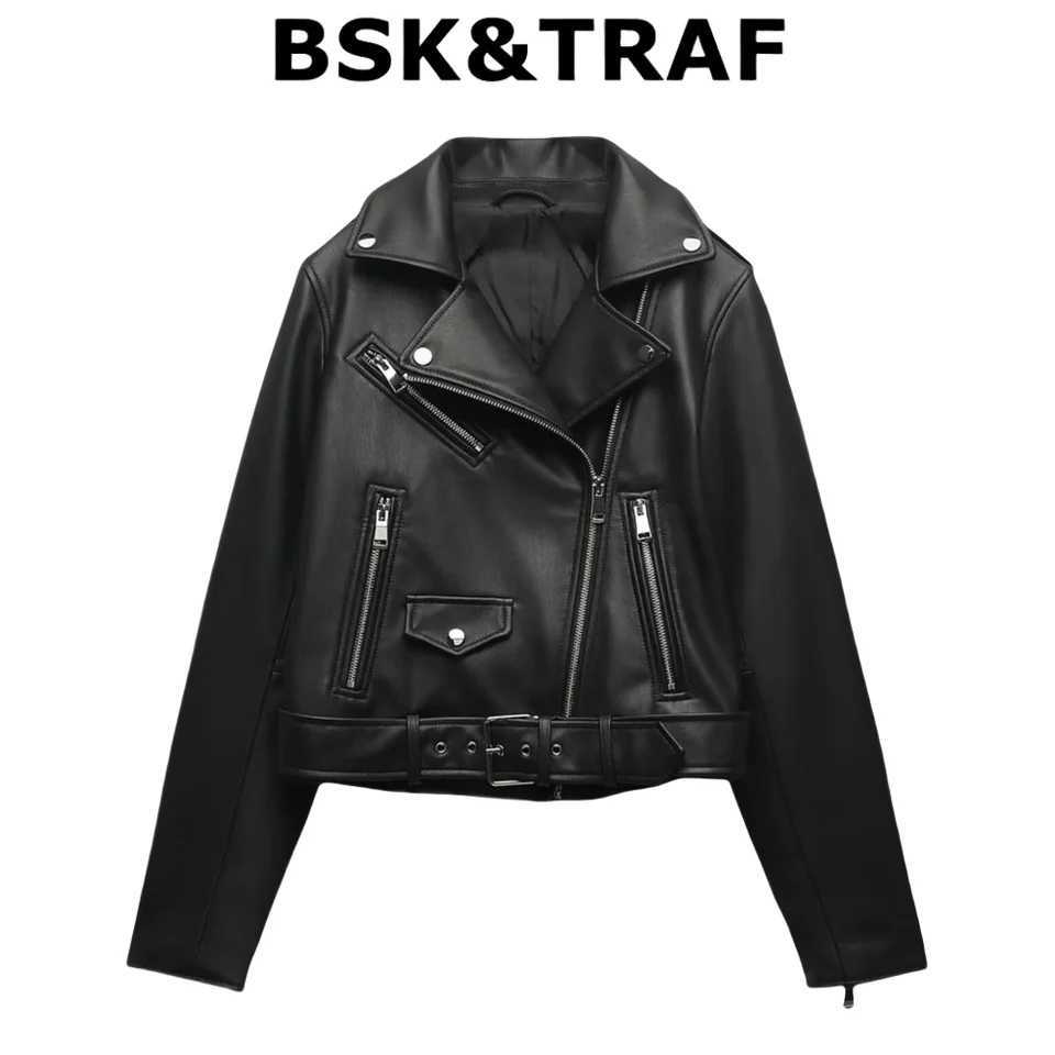 Classic Black Imitation Leather Motorcycle Jacket Short Leather Jacket for Women J251008