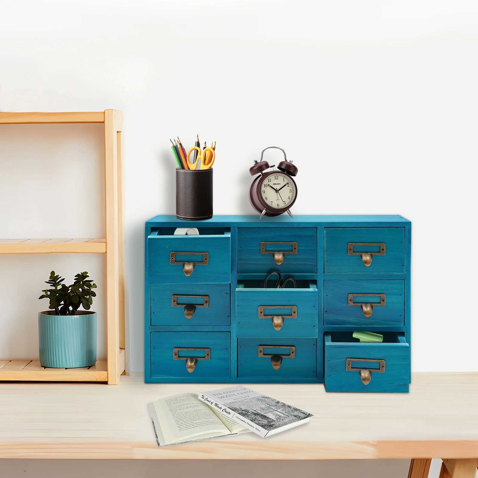 9Drawer Wooden Apothecary Cabinet Rustic Durable Blue Herb Storage Box Desk for CablesSpicesOffice Home C251008
