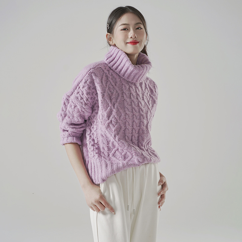 Casual Woman Purple Furry Ball Sweater Fashion Ladies Autumn Soft Mock Neck Knitwear Female Sweet Solid Color Knit Top 210515