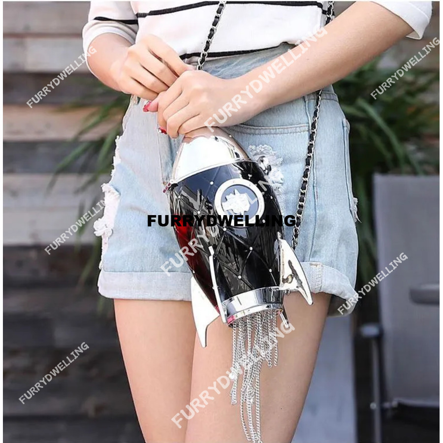 Dwe74 Women Classic Party Fringed Double-C Acrylic Rocket Bag Pouch Elegant Lady Evening Bags Shoulder Tote Chains Storage Box With Tassel For Mobile 