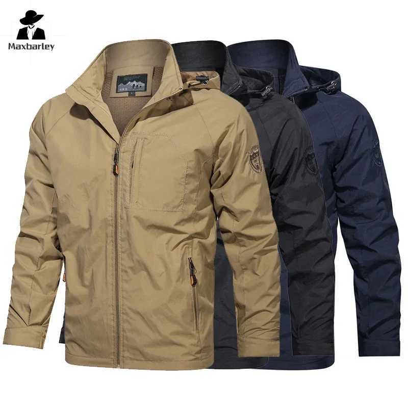 Spring Waterproof Jacket Mens Urban Climbing Zipper Hooded Windbreaker Outdoor Work Clothes Loose Hiking Camping Cargo Jacket J251008