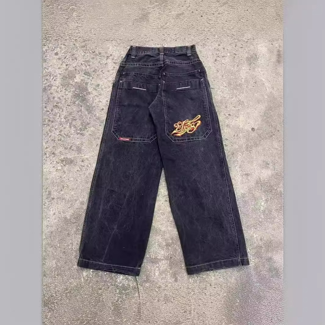 ins jeans men and women american personality printing straight pants fall and winter street style loose black jeans 250210
