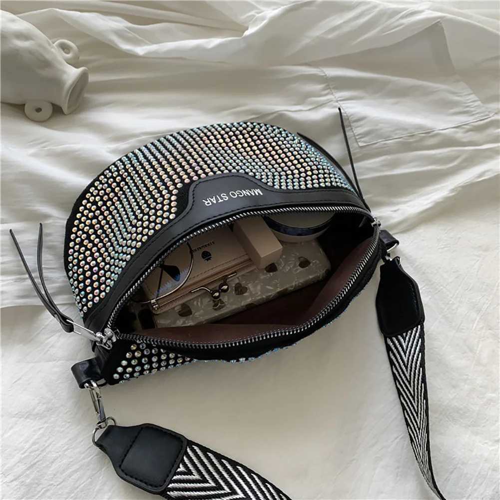 Rhinestone Shoulder Bag Fashion Female Sling Waist Pack Casual Adjustable Strap Simple Portable Black Chest Bag for VacationT251007