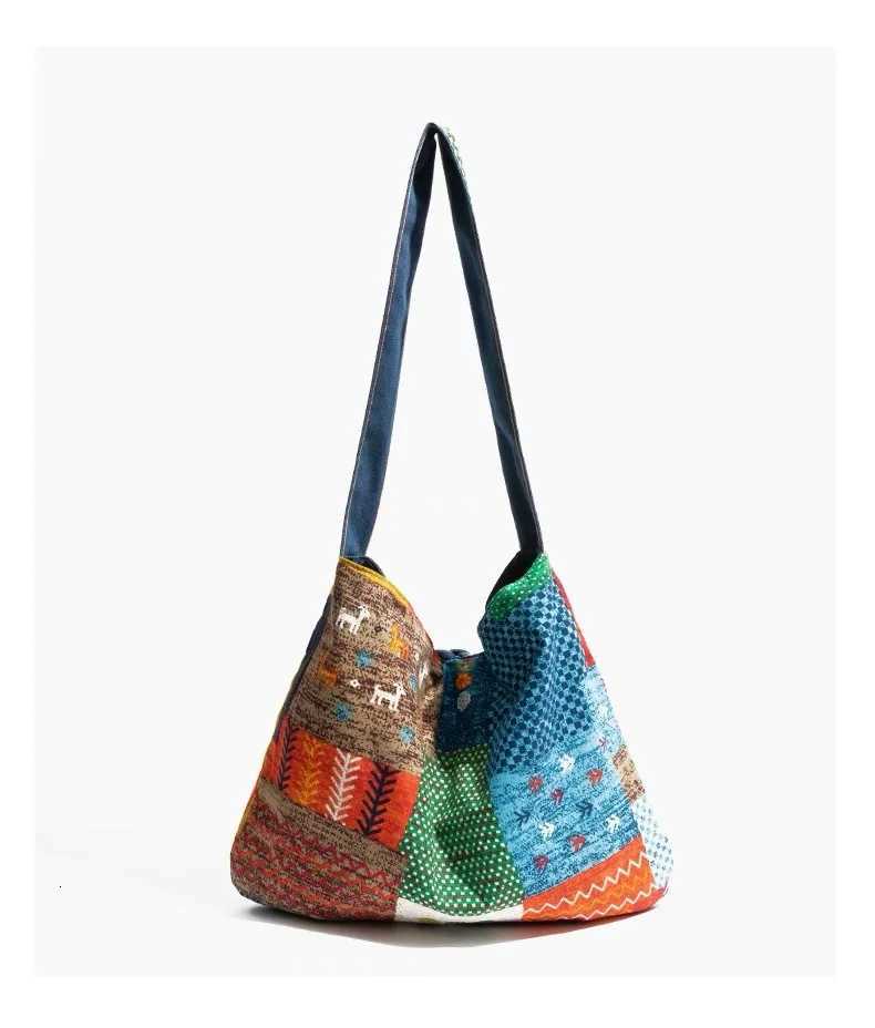 Nepalese Original Retro Collage DoubleSided Canvas Backpack Womens Bohemian Denim Ethnic SingleShoulder Crossbody BagT251007