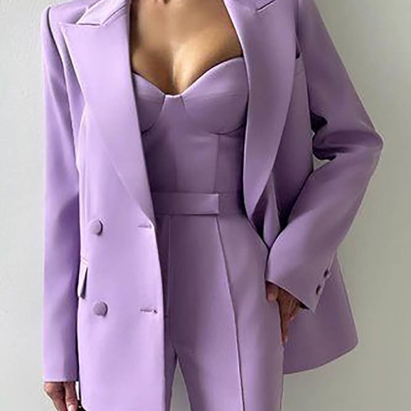 Purple Suits Set for Women 2 Piece Double Breasted Jacket with Wide leg Pants Business Formal Pantsuits Classic Style 250922