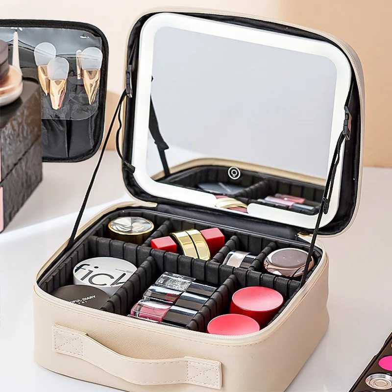 Advanced LED travel makeup bag with mirror womens portable large capacity makeup brush case handheld partition makeup bag L251007