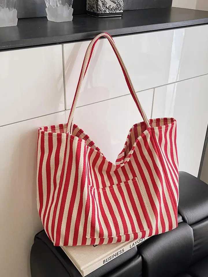 retro chic striped canvas tote bag korean fashion casual spacious shoulder bag for women suitable for travel and vacationT251007