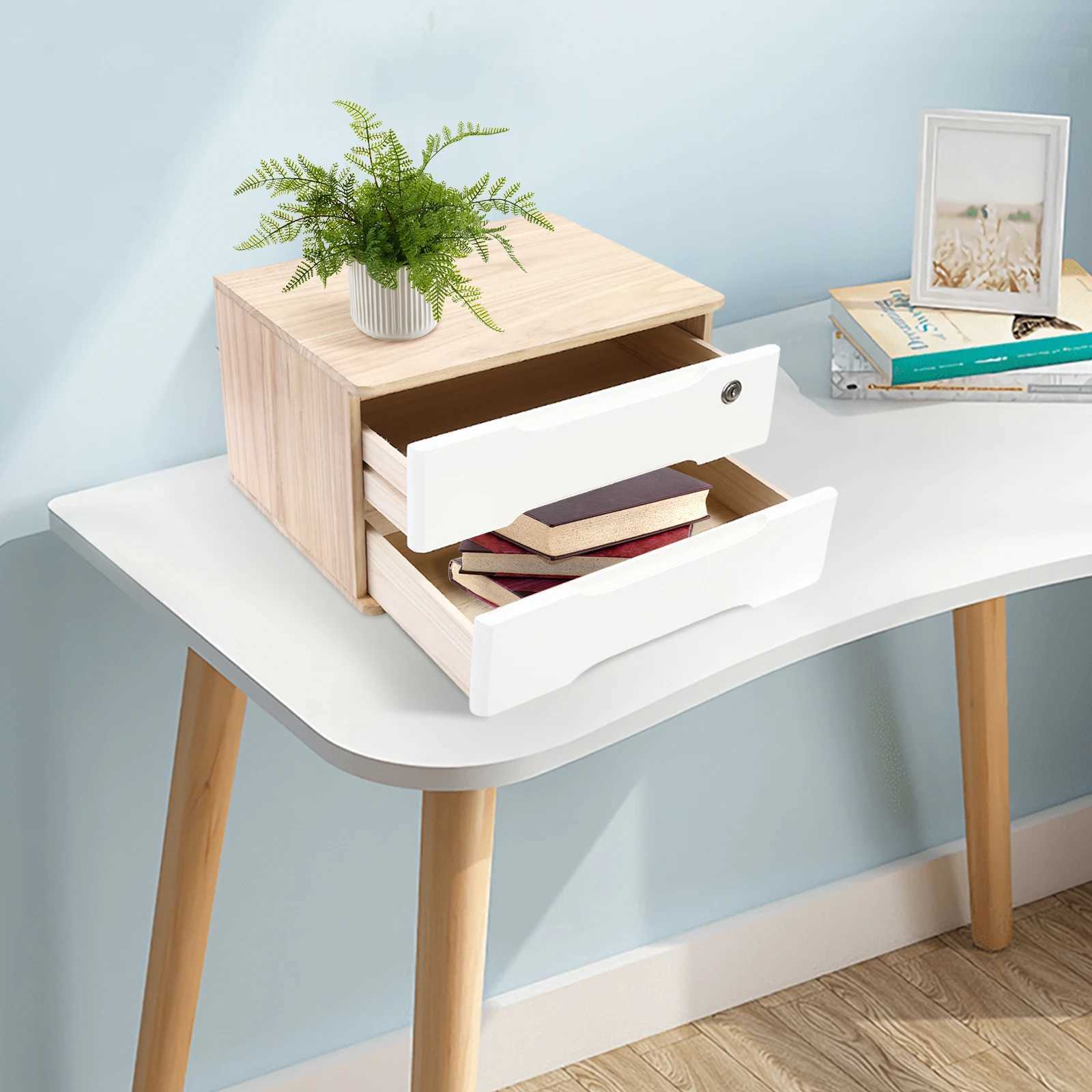Solid Tung Wood Desktop Organizer with 2 Lockable Drawers 2 Keys Modern Rectangular Storage Box for Office Bedroom Dresser C251008