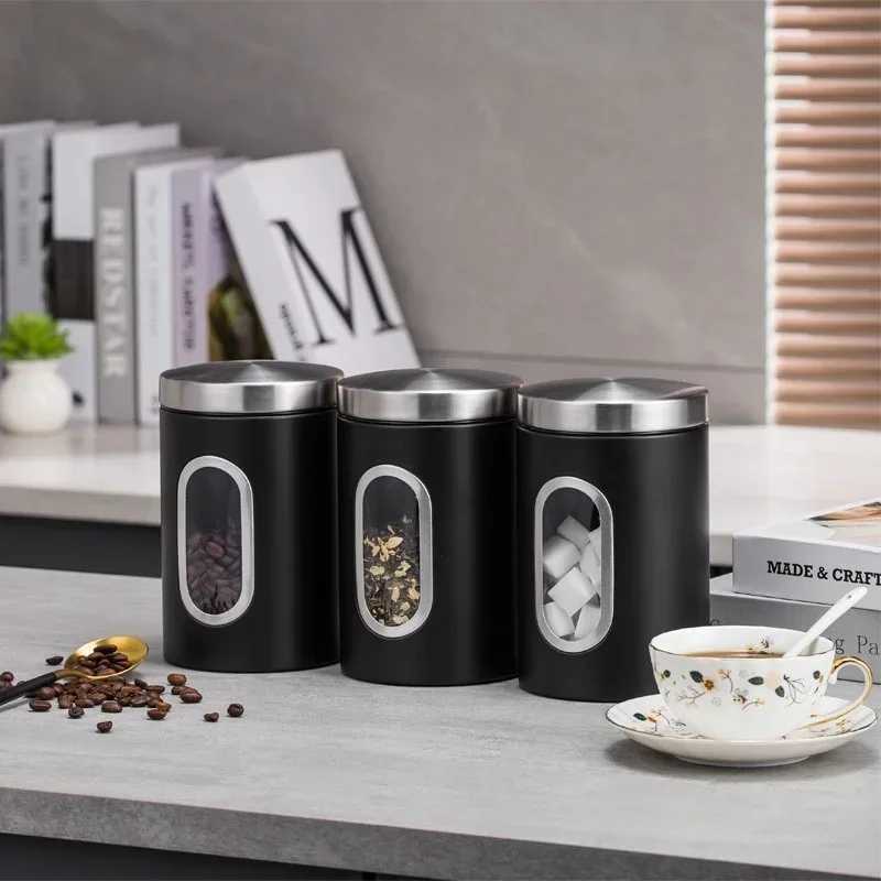 13Pcs Coffee Canister Stainless Steel Food Storage Jars with Visual Window Kitchen Storage Coffee Bean Tealeaf Sealed Cans C251008