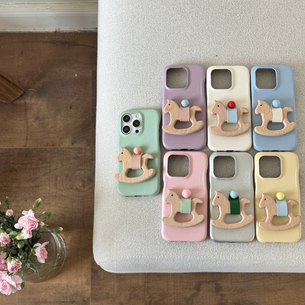 Work for iPhone 16 Pro Max Cover Protective Anti Slip Dopamine Cortex Wooden Horse Stand Phone Case Grip Cute Design Leather Touch Shockproof Case for