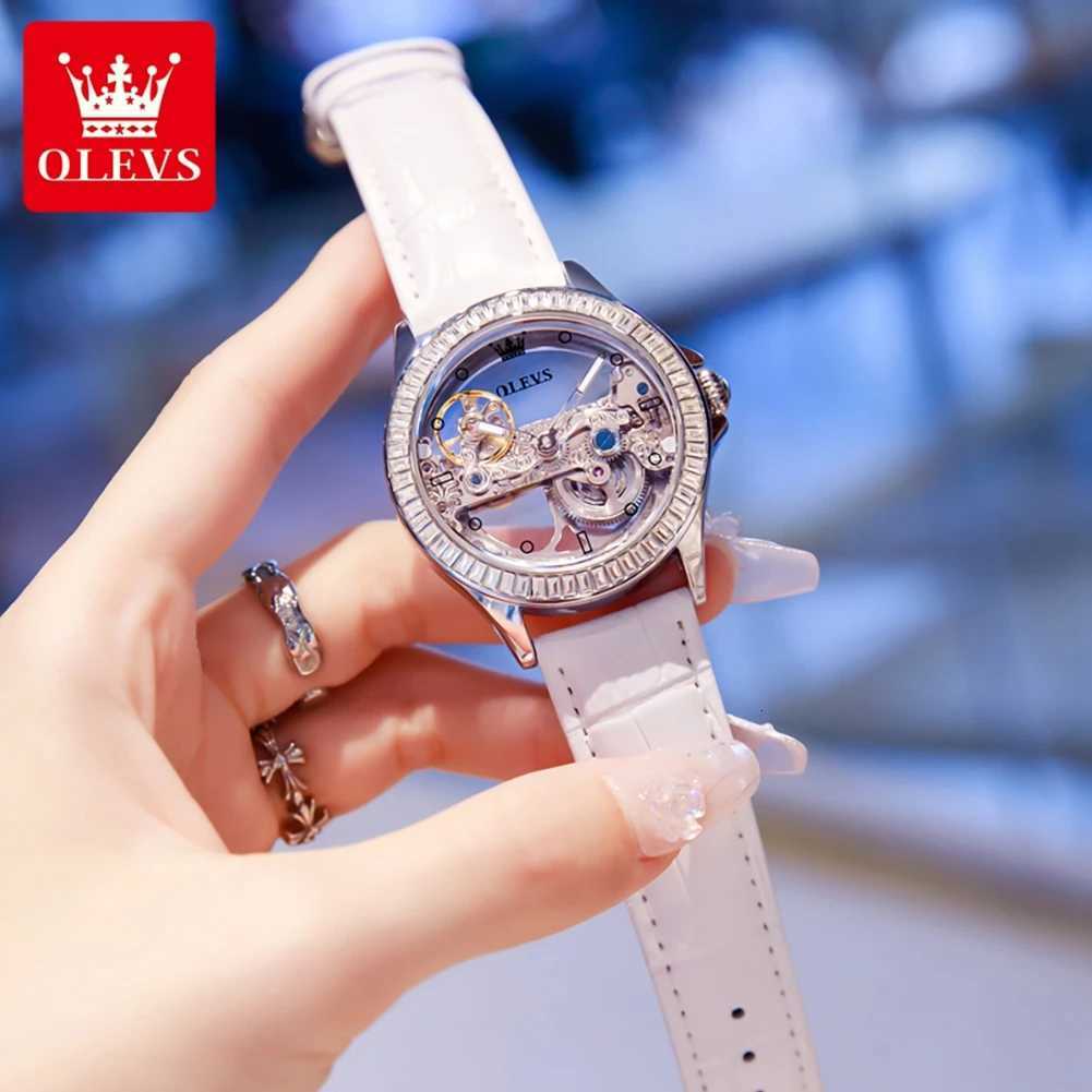 OLEVS Brand New Fashion Skeleton Mechanical Watch for Women Leather Strap Waterproof Transparent Womens Watches Relogio Feminino W250903