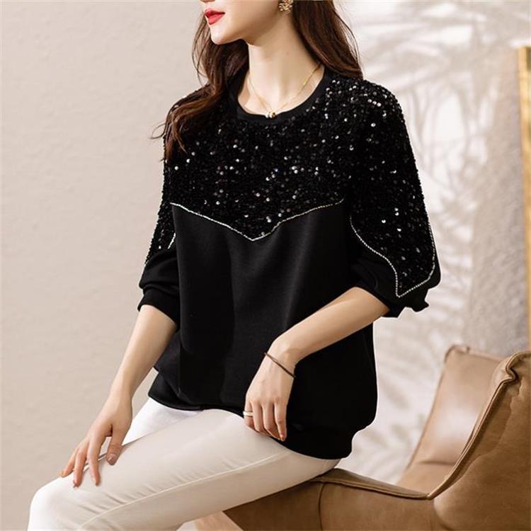 2025 Spring and Autumn New Style Patchwork Sequin Slimming Fashionable Elegant Air Cotton Sweatshirt 241211