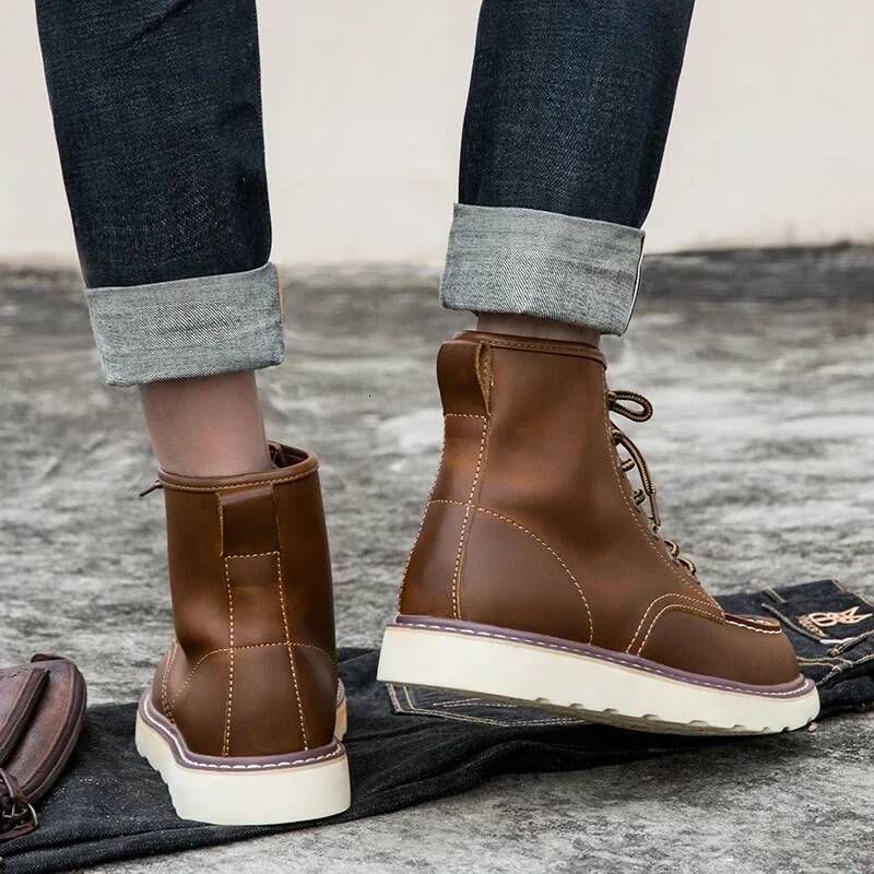 Vintage British Casual Men Shoes Handmade Autumn Winter Snow Plush Warm Ankle Round Toe Motorcycle Boots Cow Leather