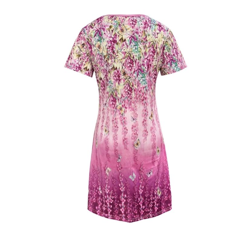 Women's V-Neck Short Sleeve Dress Floral Butterfly Print Milk Silk Gradient Pink Midi Dress Mother Vacation-CF52402