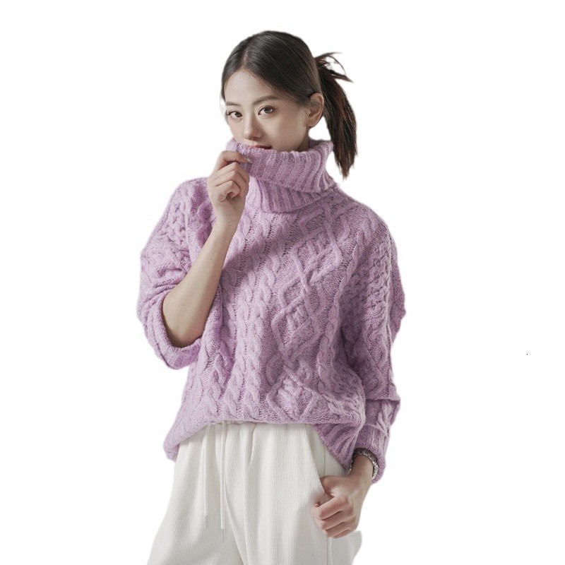 Casual Woman Purple Furry Ball Sweater Fashion Ladies Autumn Soft Mock Neck Knitwear Female Sweet Solid Color Knit Top 210515