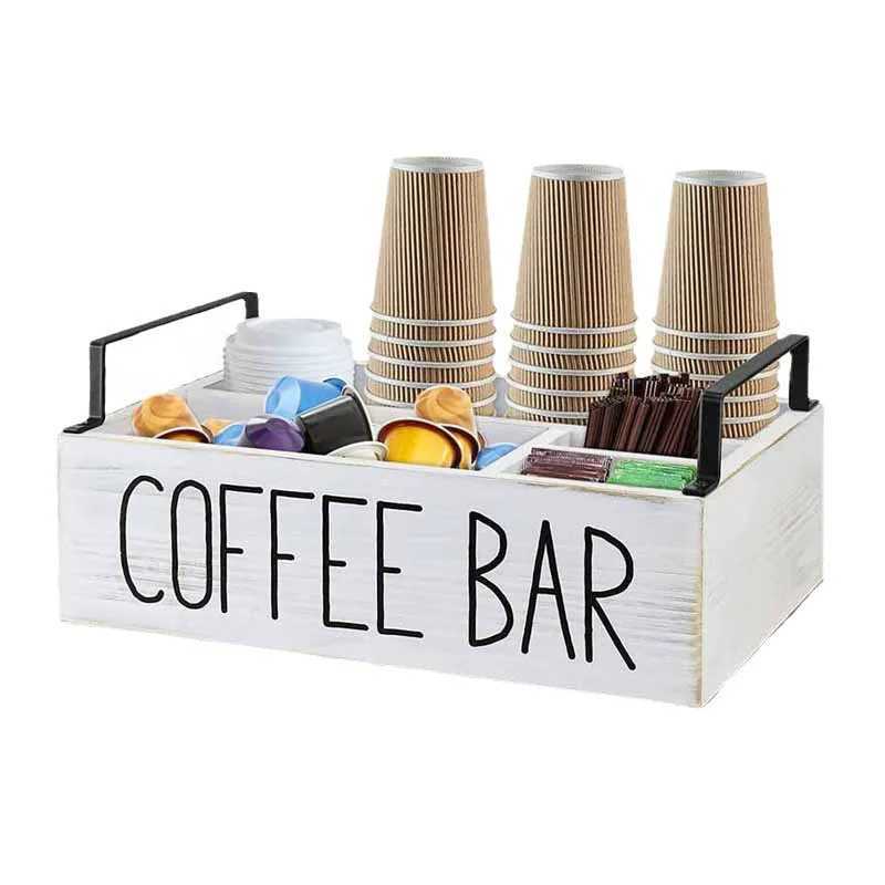 Wooden Storage Box Multi Compartment Organizer for Coffee Tea Bags Paper Cups Countertop Desktop Kitchen Storage Tidy Box C251008