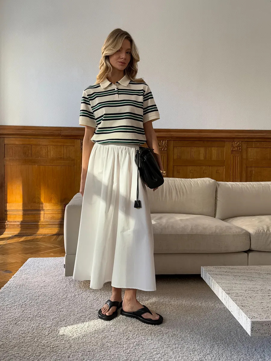 Sumuyoo Women's Retro Striped Polo T-Shirt Loose Fit Short Sleeve Casual Knitted Shirt Fashionable Summer Top for Ladies dongdumaoyi