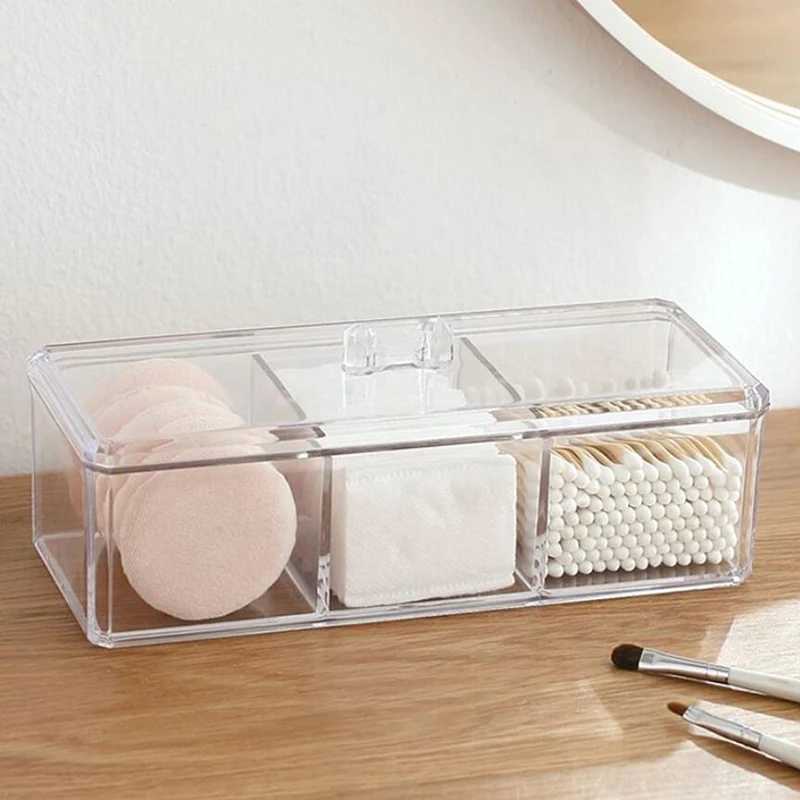 1pc Transparent Cosmetic Storage Box Acrylic Make Up Organizer Three Grid Cotton Swab Cotton Pad Storage Box Home Organization C251008