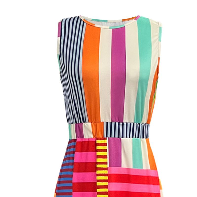 New Spring and summer fashion vacation style sleeveless vest dress with colorful striped prints, loose milk silk long dress for women, starting from o