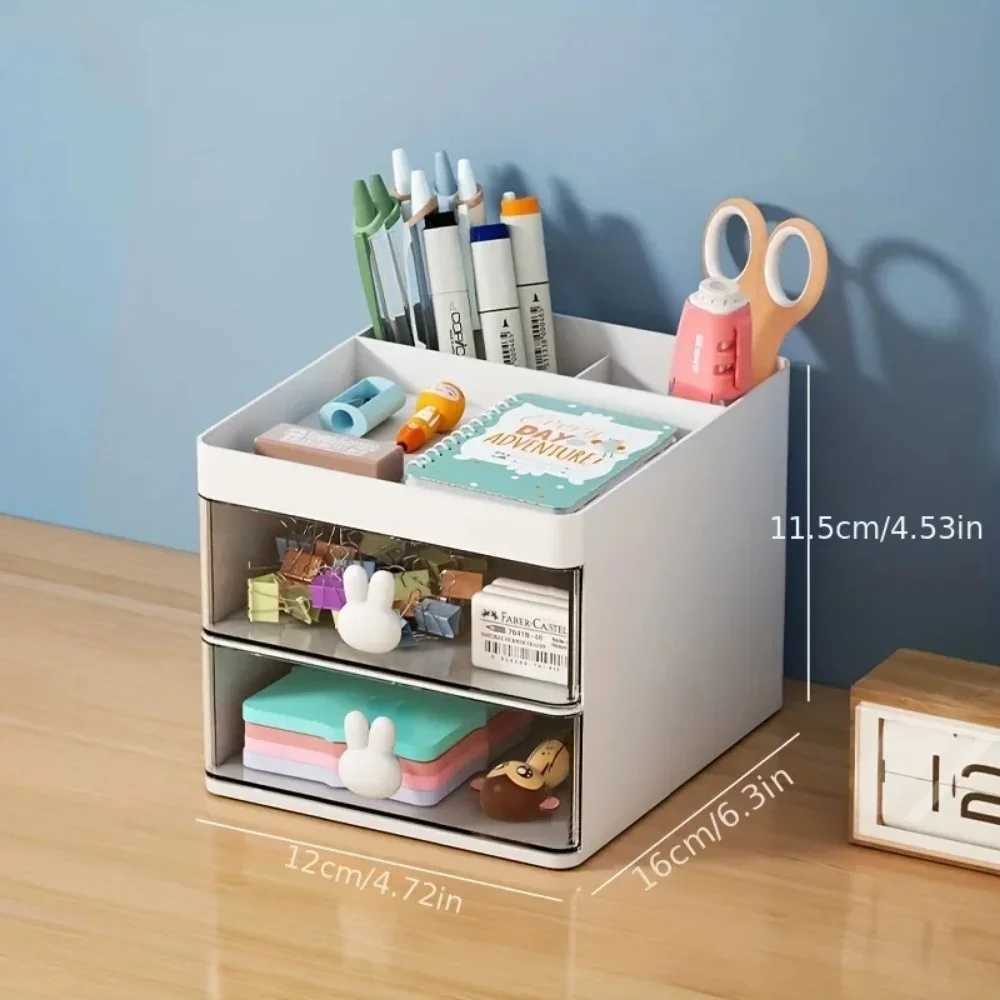 1PC 2layer Cartoon Creative Pen Holder Transparent Drawer Rabbit Storage Box Childrens Girls Student Office Desktop Organizer C251008