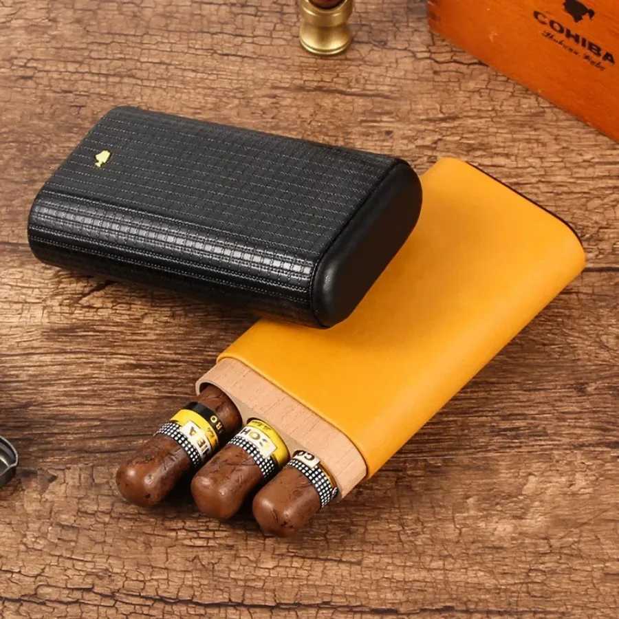 Portable Travel Cigar Humidor Box Holds 3 Cigars Black Leather Cigar Case Cedar Wood Tube Holder Tobacco Box Y251008