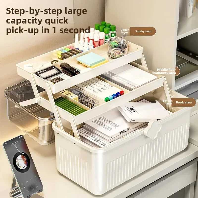 3 Tiers Makeup Stationery Storage Box Large First Aid Kit Medicine Box For Student Pencil Notebook Cosmetic Dustproof Organizer C251008