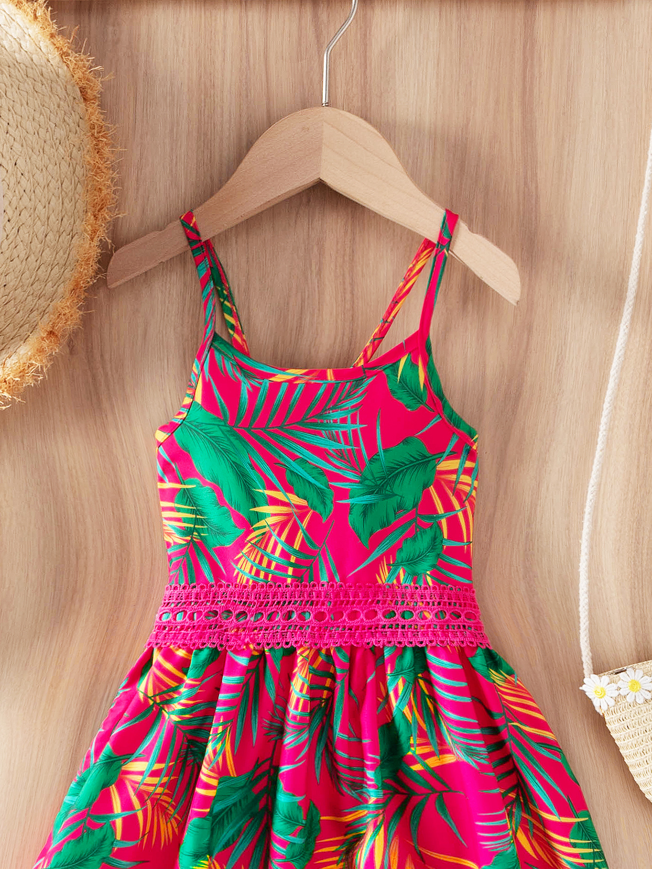 Girls' Tropical Plant Print Sling Dress, Cute Beach Dress for Kids, Summer Casual Outfit-2447